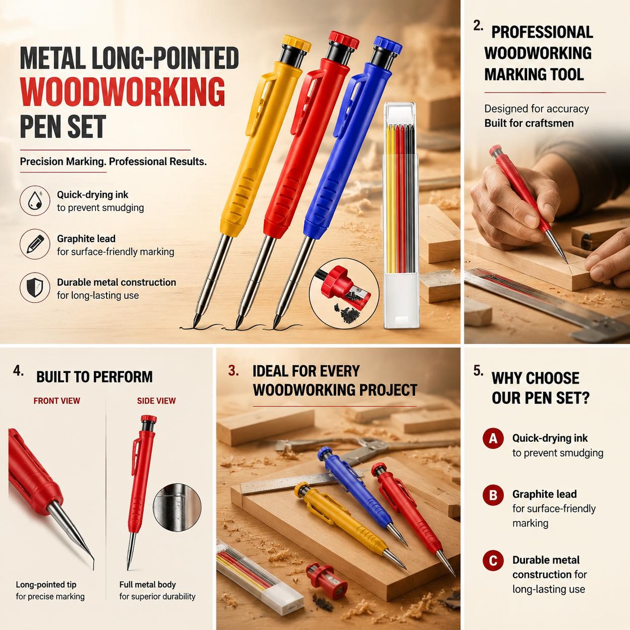 Workshop Tools Engineering - Professional Metal Long Tip Woodworking Pencil